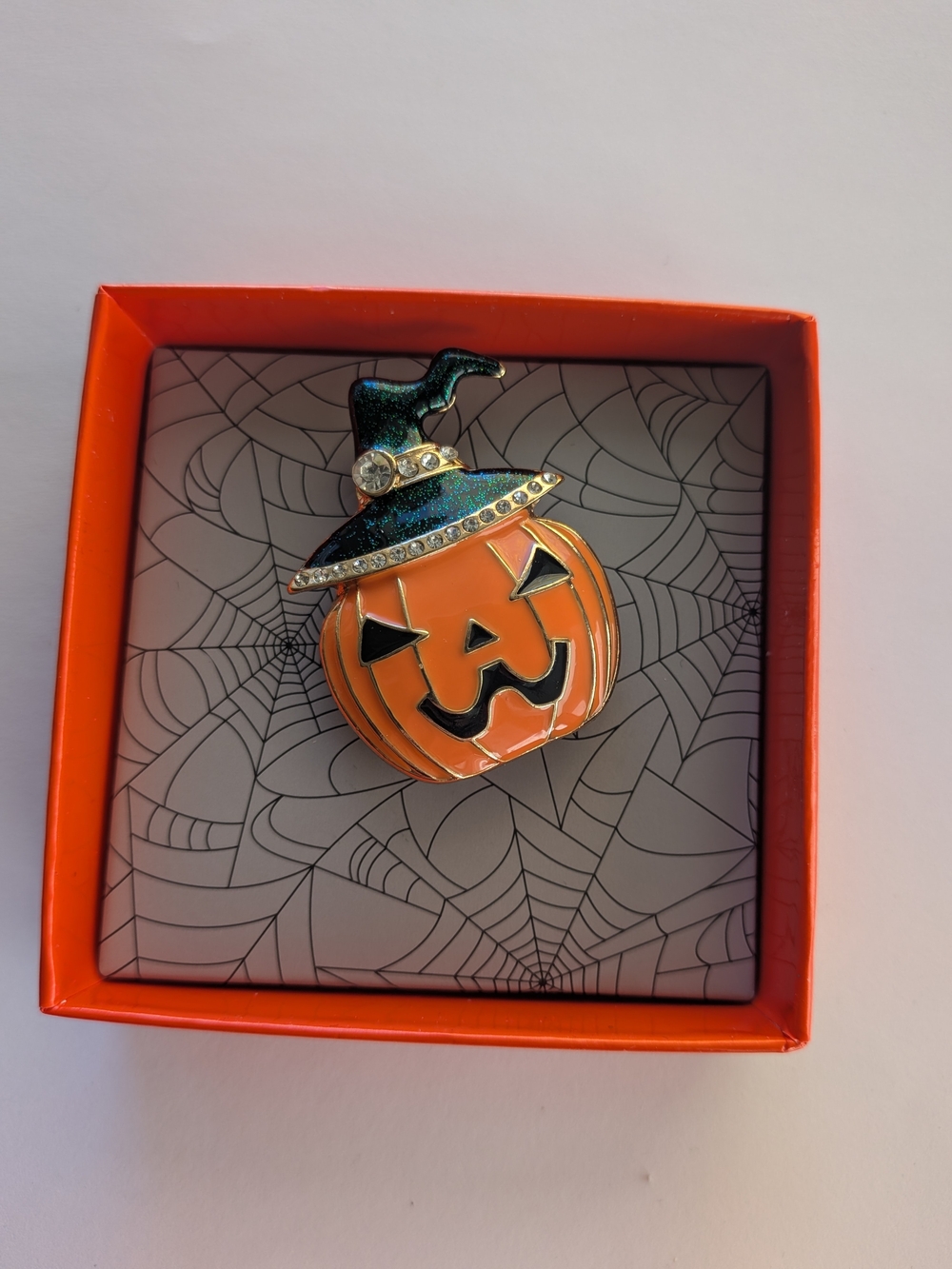 Orange Jack-O'-Lantern Witch Hat Brooch
